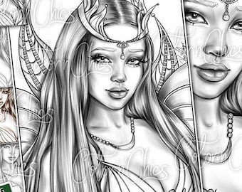 May include: A black and white line drawing of a woman with long hair and a crown. She is wearing a necklace and has a delicate facial expression. The drawing is in a whimsical style and would be suitable for coloring.