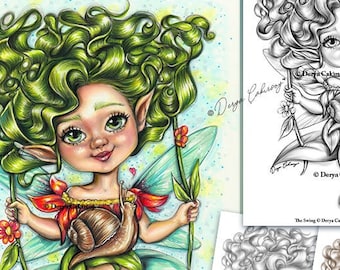 The Swing Coloring Page GRAYSCALE llustration Cute Big Eyed Fairy Fae Elf Girl with her friend Snail Download Printable Pdf Derya Cakirsoy