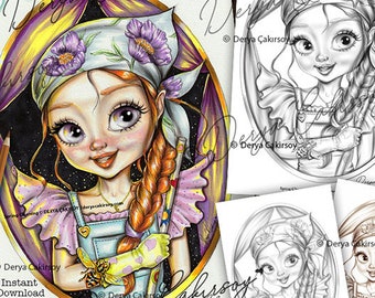 Page de coloriage de nettoyage de printemps pour tous les âges Niveaux de gris foncé, clair et sépia Tout en un ! Illustration mignonne aux grands yeux Téléchargement instantané imprimable