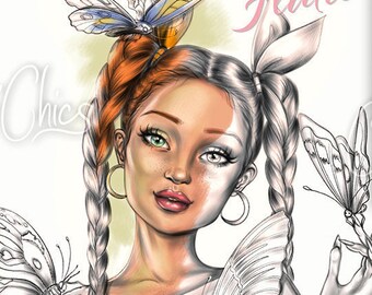 Op de afbeelding: Een zwart-witte lijntekening om in te kleuren met een meisje met vlechten en vlinders. Het meisje draagt een crop top en heeft een vlinder in haar hand. De tekst "Flutter Girl" staat in de rechterbovenhoek van de pagina.