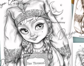 Scheherazade Premium Grayscale Coloring Page. Historical Female Character & Storyteller Cute illustration Printable, Instant Download Pdf