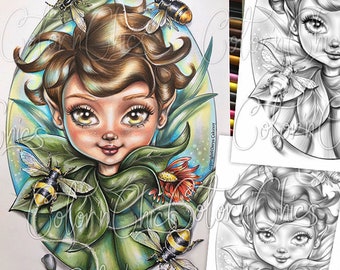 Honey the Sweet Fairy Grayscale  Illustration Premium Coloring Page for Adults, Dark,Light,Medium, Printable Instant Download