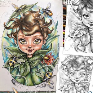 Peut inclure: Une page de coloriage en niveaux de gris représentant une fée aux cheveux bruns et aux grands yeux, entourée d'abeilles et de fleurs. Le texte "Honey the Sweet Fairy" est en haut de la page. La page est étiquetée "Light", "Medium" et "Dark" pour différentes options de coloriage.