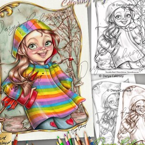 May include: A printable colouring page featuring a girl wearing a rainbow striped raincoat and a red heart on her shirt. The girl is standing in a forest with trees and leaves. The text "November Rain Grayscale Coloring Page" is at the top of the page.