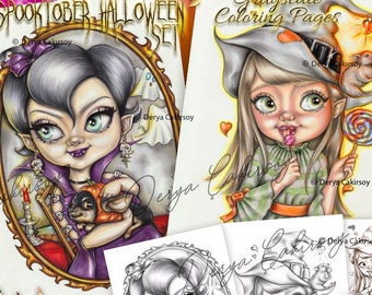 Spooktober Halloween Set &#39;&#39; Grayscale Premium Coloring Pages. Cute Big Eyed illustrations  Printable & Instant Download Pdf Derya Cakirsoy