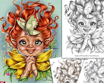 Op de afbeelding: Een grijswaarden kleurplaat met een fantasierijke fee met rood haar, een vlinder op haar hoofd en een grote bloem voor haar. De fee glimlacht en heeft haar handen gevouwen in gebed. De tekst "Happiness" staat bovenaan de pagina.