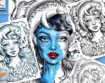 Atlantia Mermaid Premium Coloring Page for Adults, Coloring Page for Grown Ups, Grayscale, Dark,Light,Blue Printable Instant Download