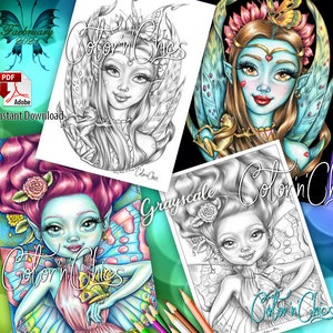 Può includere: Quattro pagine da colorare con personaggi simili a fate con ali di farfalla e accenti floreali. Le pagine sono intitolate "Color'n'Chic's" e includono una versione in scala di grigi.