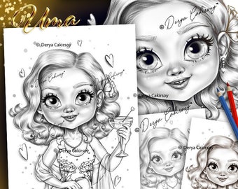 Coloriage Uma en niveaux de gris ORIGINAL dessiné à la main art mignon belle fille aux grands yeux personnage Illustration imprimable Pdf Derya Cakirsoy