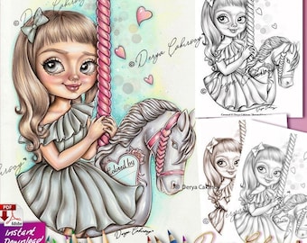 Carousel Grayscale Coloring Page Cute Big Eyed Girl illustration  Printable & Instant Download Pdf Derya Cakirsoy