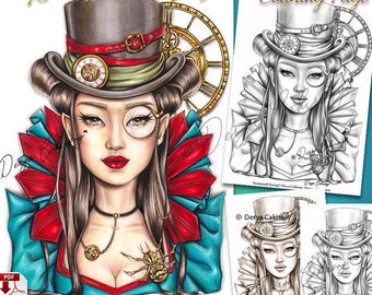 Steampunk Kyong Grayscale Coloring Page for Adults Korean beautiful woman illustration Printable & Instant Download Pdf Derya Cakirsoy