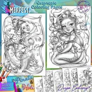 Merfest Pinata & Holi 2 PAKIET Kolorowanki w Skali Szarości Ilustracje Syrenki Do Wydrukowania Natychmiastowe Pobieranie Pdf Derya Cakirsoy