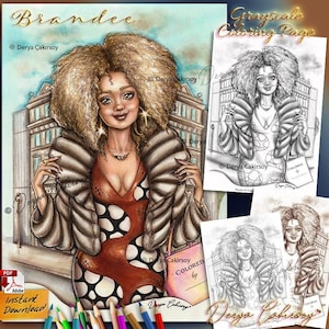 Brandee Grayscale Coloring Page Afroamerykanka Czarna moda Miejska kobieta Ilustracja kobieca Do wydrukowania Natychmiastowe pobieranie Pdf Derya Cakirsoy