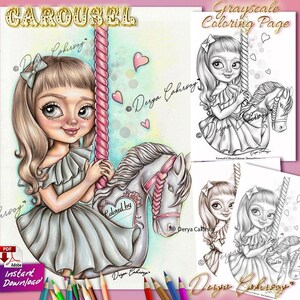 Karuzela Kolorowanka w Skali Szarości Ilustracja Urocza Dziewczyna o Wielkich Oczach Do Wydrukowania i Natychmiastowego Pobrania Pdf Derya Cakirsoy