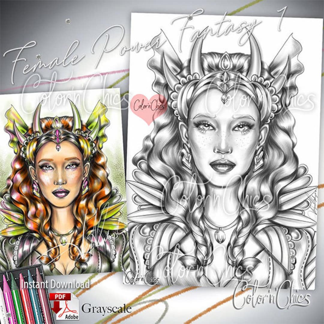 Female Power Fantasy 1 Grayscale Illustration Premium Coloring Page for