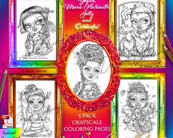 Brilliant Female Characters - 5 Pack Printable Grayscale Coloring Pages -  Instant Download -  Cute Big Eyes  Premium Art