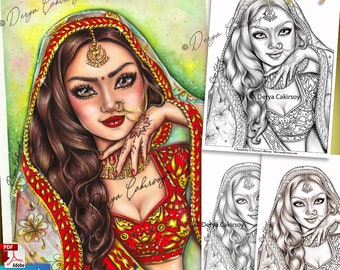 Page de coloriage en niveaux de gris de Chandrika pour adultes Belle illustration de portrait de femme indienne Imprimable et Téléchargement instantané Pdf Derya Cakirsoy