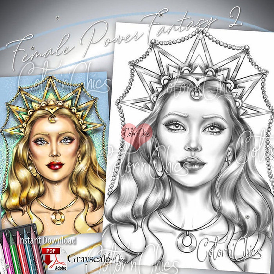Female Power Fantasy 2 Grayscale Illustration Premium Coloring Etsy