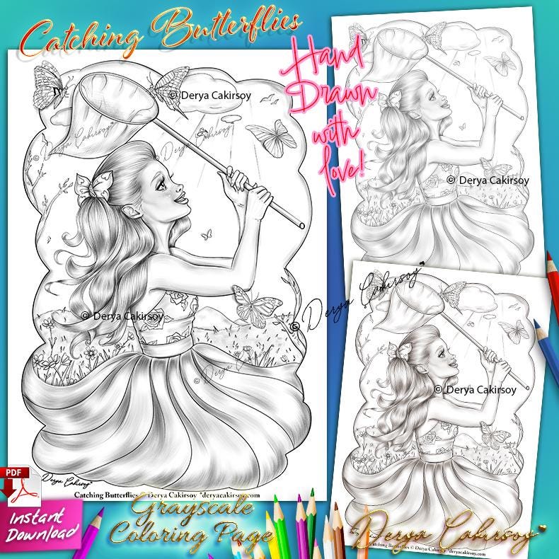 Attraper des papillons en niveaux de gris Illustration Happy Spring Girl in Meadow ORIGINAL DESSINÉ À LA MAIN Derya Cakirsoy Téléchargement instantané Pdf