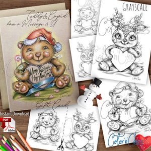 Teddy und Amor haben eine Nachricht 4 U Set Illustrationen Graustufen Hell, Dunkel Malseiten und Weihnachtsgeschenkkarte Printable Instant Download