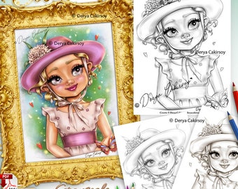 Coloriage Cosette en niveaux de gris ORIGINAL dessiné à la main Art jolie fille aux grands yeux mignonne en robe vintage Illustration imprimable Pdf Derya Cakirsoy