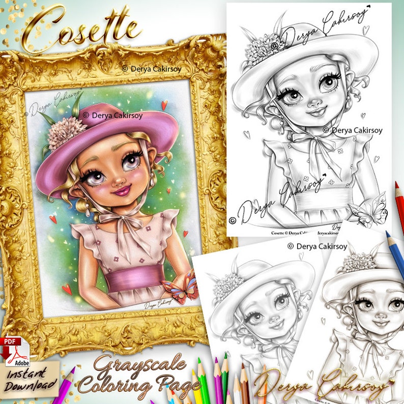 Cosette Grayscale Coloring Page ORIGINAL HAND DRAWN Art Cute Pretty Big Eyed Girl in Vintage Dress Illustration Printable Pdf Derya Cakirsoy zdjęcie 1