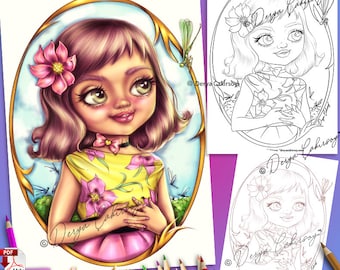 Dragonfly Coloring Page Line Art llustration Adorable Big Eyed Girl Instant Download Printable Pdf Derya Cakirsoy