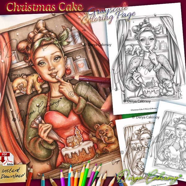 Christmas Cake '' Grayscale Coloring Page for Adults Cute llustration Printable & Instant Download Pdf Derya Cakirsoy