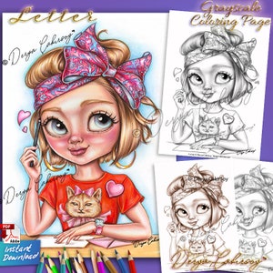 Página para colorear de letras en escala de grises para todas las edades Ilustración de niña adorable de ojos grandes imprimible y descarga instantánea en PDF Derya Cakirsoy