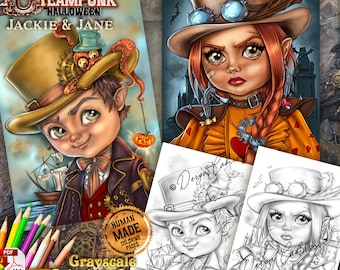 STEAMPUNK HALLOWEEN 2023 Grayscale Coloring Pages Jackie & Jane illustrations Instant Download Printable Hand Drawn Art by Derya Cakirsoy