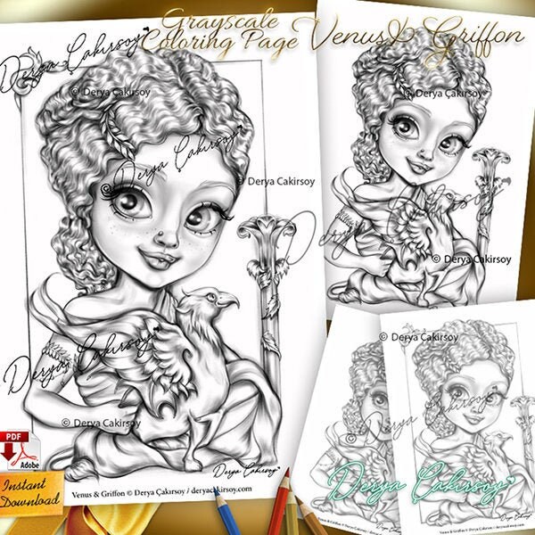 Venus and Griffon Premium Coloring Page. Grayscale Mythological Big e…
