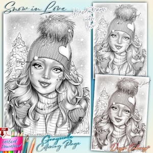 Neige amoureuse Page à colorier en niveaux de gris ORIGINAL dessiné à la main beau portrait de femme hiver Illustration imprimable Pdf Derya Cakirsoy