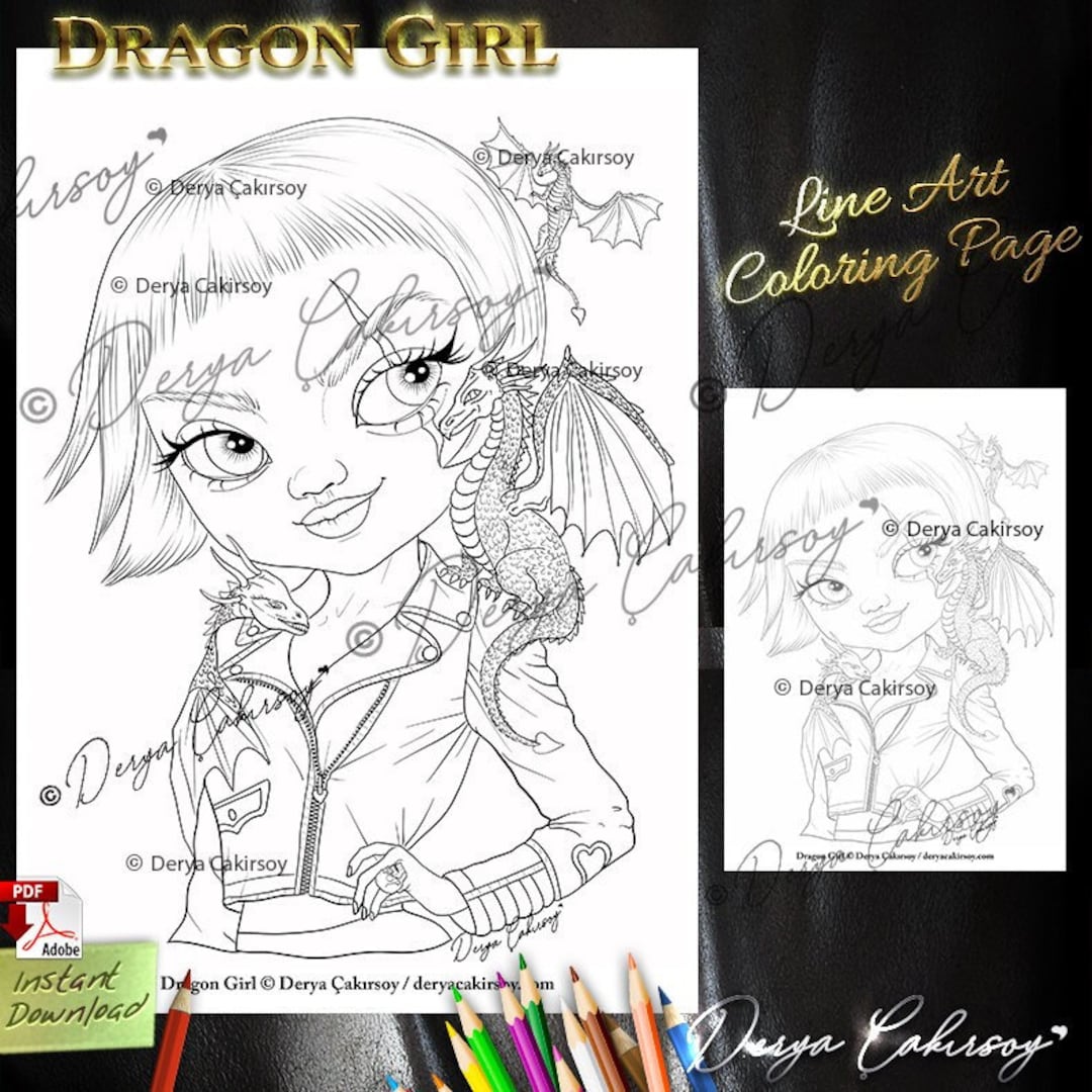 Dragon Girl '' Line Art Premium Coloring Page. Fantasy - Etsy