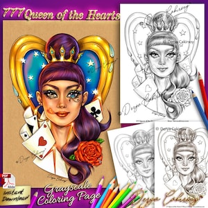 777 Queen of the Hearts grijswaarden kleurplaat ORIGINEEL HANDGETROKKEN kunst mooie vrouw portret illustratie afdrukbare pdf Derya Cakirsoy
