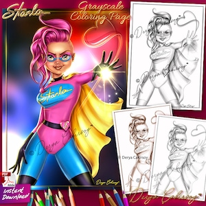 Starla Grayscale Coloring Page Ilustração de super-herói para impressão e download instantâneo Pdf por Derya Cakirsoy