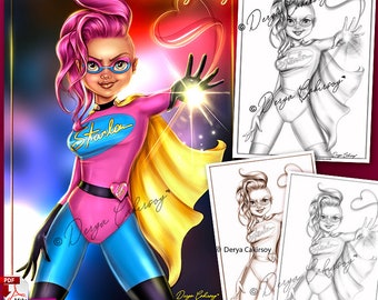 Starla Grayscale Coloring Page Superhero Girl illustration Printable & Instant Download Pdf by Derya Cakirsoy