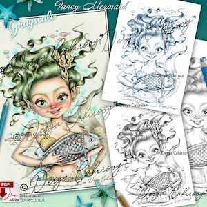 Fancy Mermaid Premium Coloring Page Illustration en niveaux de gris pour les adultes, y compris les versions Dark, Light & Blue Téléchargement instantané Pdf