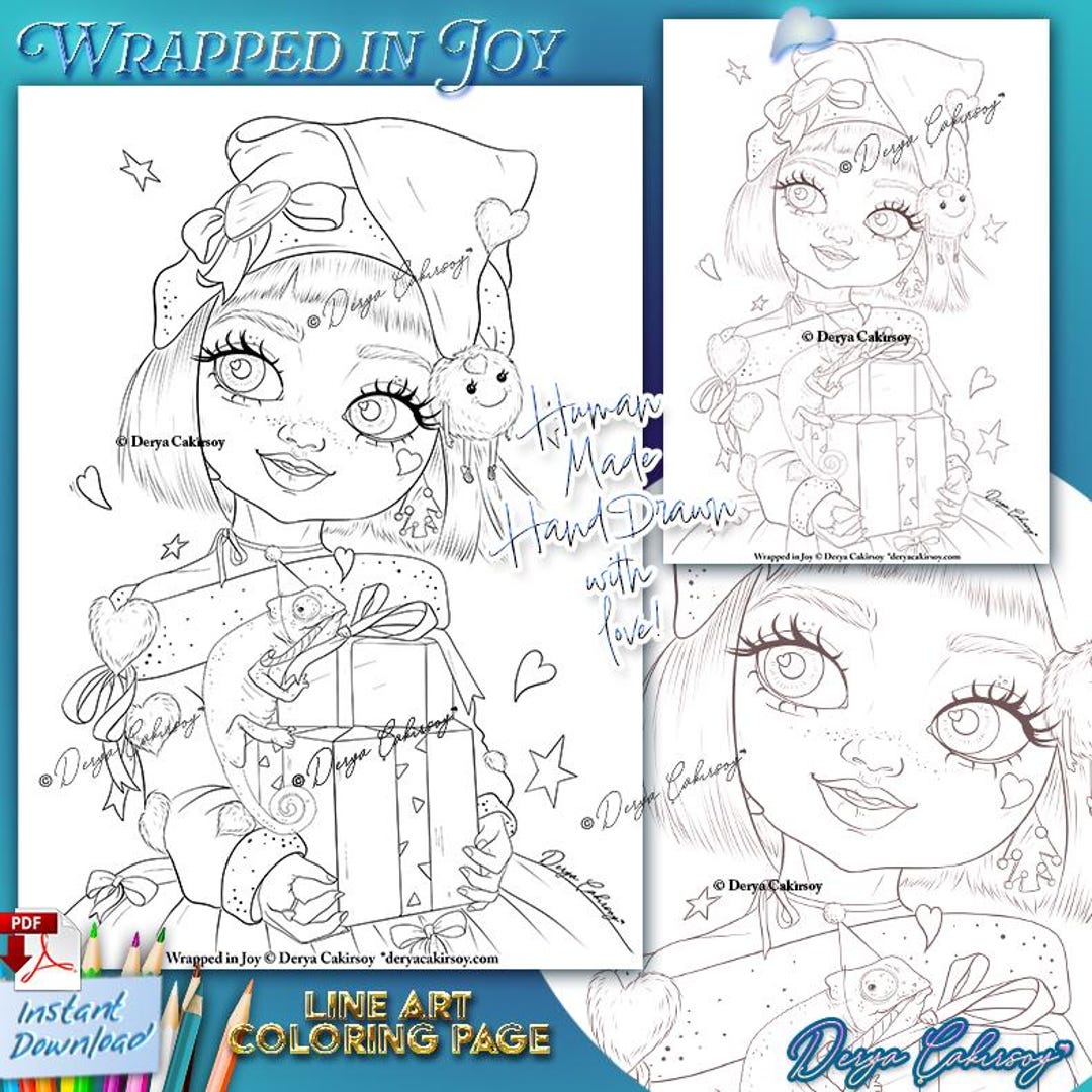 Wrapped in Joy Line Art Coloring Page ORIGINAL HAND DRAWN Cute Girl ...