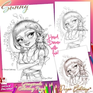 Sunny Grayscale Coloring Page ORIGINAL HAND DRAWN Cute Character Illustration Instant Download Printable Pdf Derya Cakirsoy