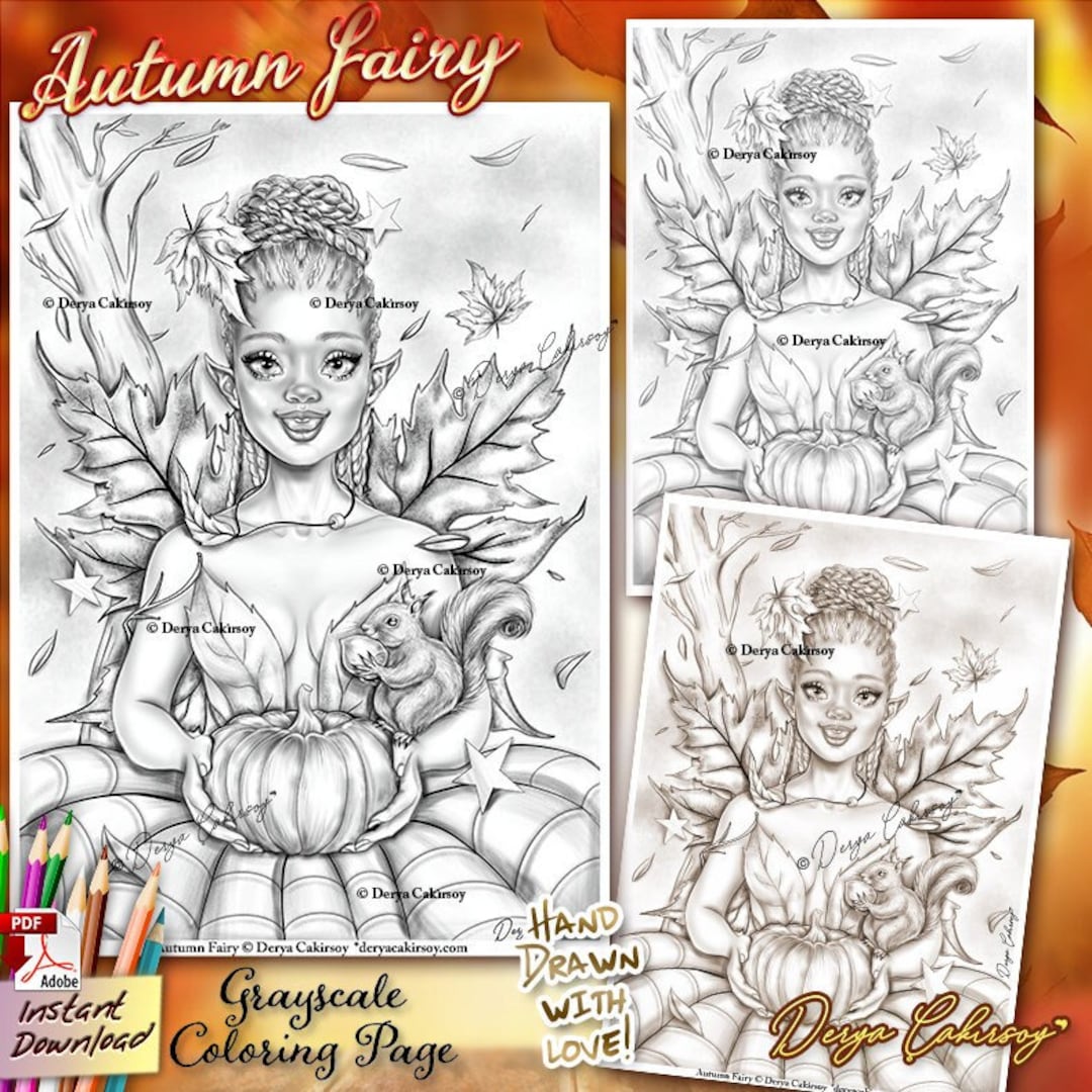 Autumn Fairy Grayscale Coloring Page ORIGINAL HAND DRAWN Beautiful ...