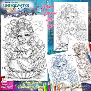 Princess Pearl Underwater Fantasy 2025 Grayscale Coloring Page ORYGINALNA RĘCZNIE NARYSOWANA ilustracja syreny Pobierz do druku Derya Cakirsoy