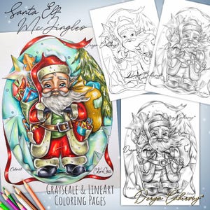 Puede incluir: Una colecci&oacute;n de p&aacute;ginas para colorear en escala de grises y arte lineal con Santa Claus como un elfo. La imagen principal es una ilustraci&oacute;n coloreada de Santa con un saco de regalos. El texto "Santa Elf Mc Jingles" est&aacute; en la parte superior.