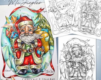 Coloriages Père Noël McJingles en niveaux de gris et dessins au trait ORIGINAL DESSINS À LA MAIN Illustration de Noël elfe mignon imprimable Pdf Derya Cakirsoy