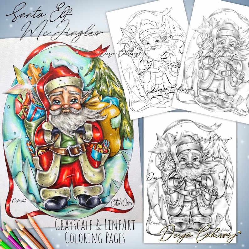 Puede incluir: Una colecci&oacute;n de p&aacute;ginas para colorear en escala de grises y arte lineal con Santa Claus como un elfo. La imagen principal es una ilustraci&oacute;n coloreada de Santa con un saco de regalos. El texto "Santa Elf Mc Jingles" est&aacute; en la parte superior.