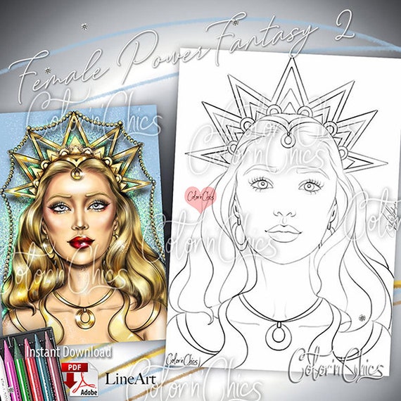 Female Power Fantasy 2 Line Art Illustration Premium Coloring Etsy