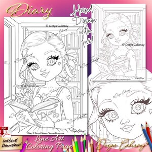 Diary Line Art Coloring Page llustration Cute Big Eyed Female Portrait ORIGINAL HAND DRAWN by Derya Cakirsoy Instant Download Printable Pdf