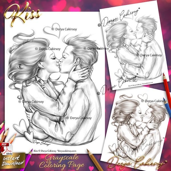 Kiss Grayscale Coloring Page ORIGINAL HAND DRAWN Valentine’s Day Kissing Couple Illustration Printable Download Pdf Derya Cakirsoy