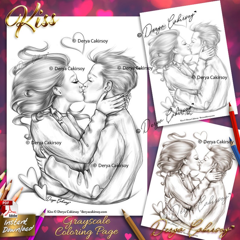 Baiser à colorier en niveaux de gris ORIGINAL dessiné à la main Saint-Valentin s'embrasser couple Illustration téléchargement imprimable Pdf Derya Cakirsoy image 1