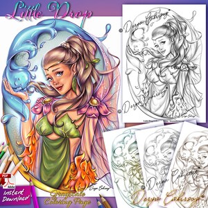 Kolorowanka Little Drop GRAYSCALE Ilustracja Fantasy Art Wróżka Elf z uroczą kroplą wody Pobierz Wydrukuj PDF Derya Cakirsoy