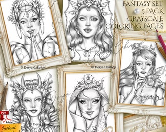 Conjunto de fantasía de poder femenino Páginas para colorear Ilustraciones de retratos de fantasía en escala de grises para adultos, Luz oscura ¡Todo en uno! Descarga Instantánea Pdf